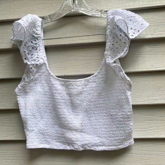 H&M Tops - H&M Sleeveless Off-the-Shoulder Smocked Crop Top White Cotton Eyelet Medium